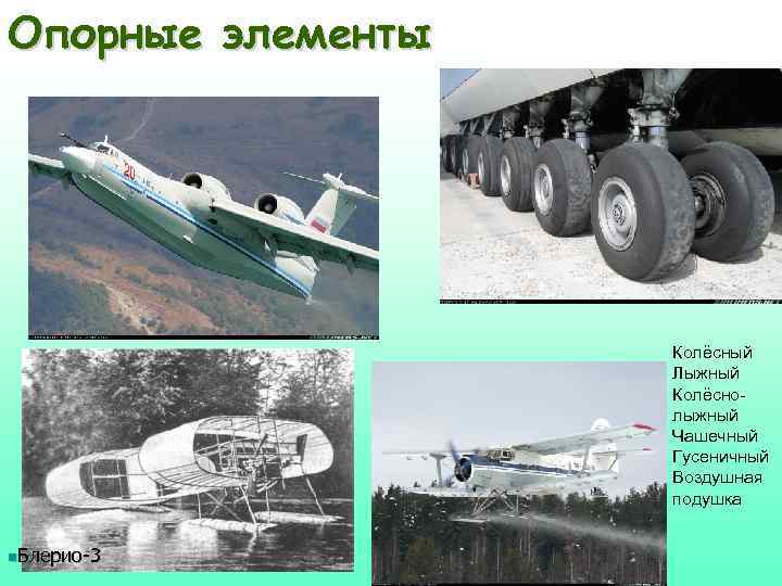 Опорные элементы Колёсный Лыжный Колёснолыжный Чашечный Гусеничный Воздушная подушка n. Блерио-3 