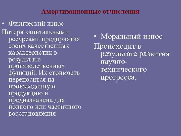  Амортизационные отчисления • Физический износ Потеря капитальными ресурсами предприятия • Моральный износ своих