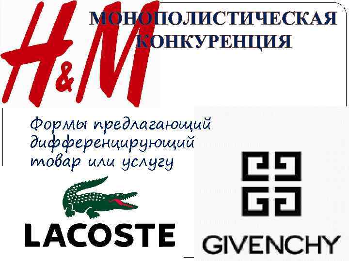 МОНОПОЛИСТИЧЕСКАЯ КОНКУРЕНЦИЯ Формы предлагающий дифференцирующий товар или услугу 