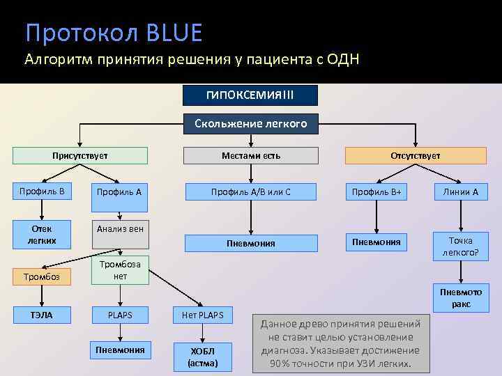 Протокол BLUE Алгоритм принятия решения у пациента с ОДН ГИПОКСЕМИЯ!!! Скольжение легкого Присутствует Местами