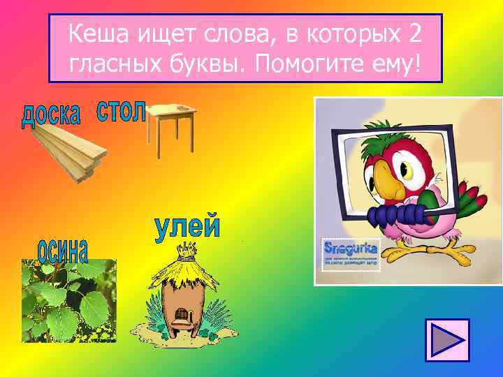 Кеша ищет слова, в которых 2 гласных буквы. Помогите ему! 