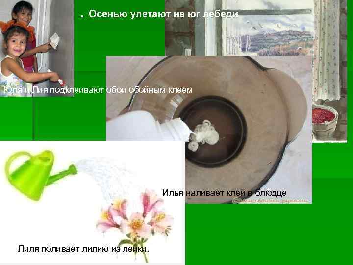 . Осенью улетают на юг лебеди Юля и Лия подклеивают обои обойным клеем Илья