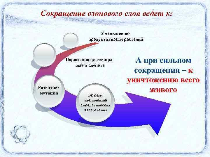 Сокращение озонового слоя ведет к: Уменьшению продуктивности растений Поражению роговицы глаз и слепоте Развитию