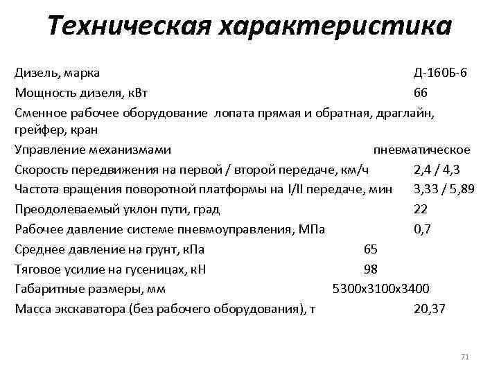 Техническая характеристика Дизель, марка Д 160 Б 6 Мощность дизеля, к. Вт 66 Сменное
