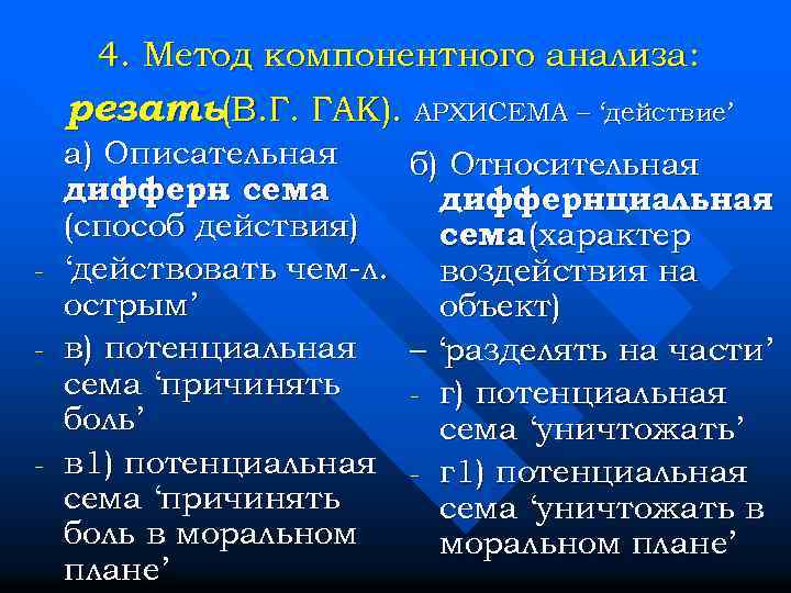 4. Метод компонентного анализа: резать(В. Г. ГАК). АРХИСЕМА – ‘действие’ - - а) Описательная