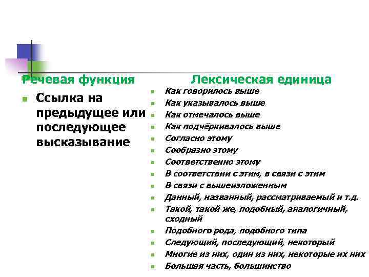 Речевая функция n Ссылка на предыдущее или последующее высказывание Лексическая единица n n n