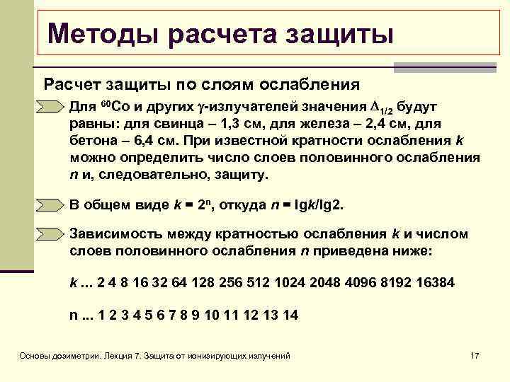 Методы расчета защиты Расчет защиты по слоям ослабления Для 60 Со и других -излучателей