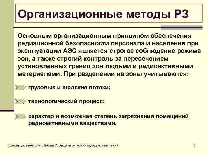 Организационные методы РЗ Основным организационным принципом обеспечения радиационной безопасности персонала и населения при эксплуатации