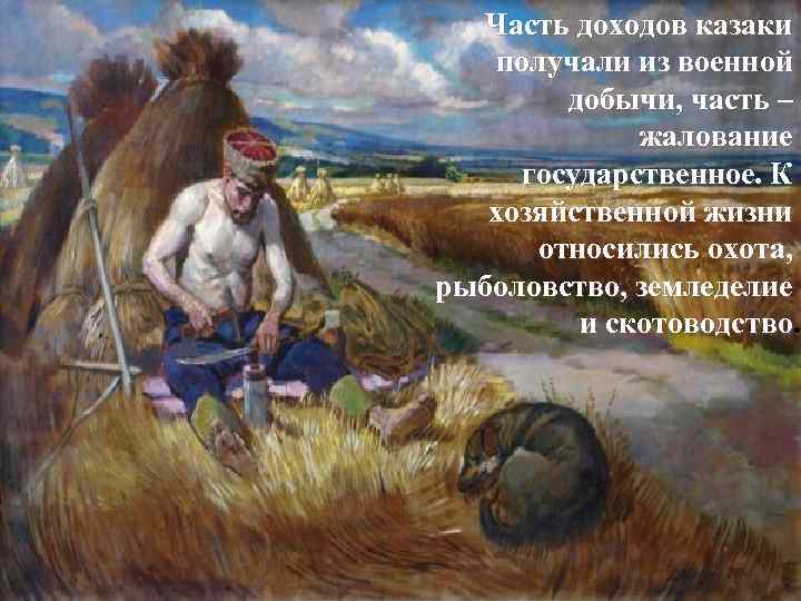 Часть доходов казаки получали из военной добычи, часть – жалование государственное. К хозяйственной жизни