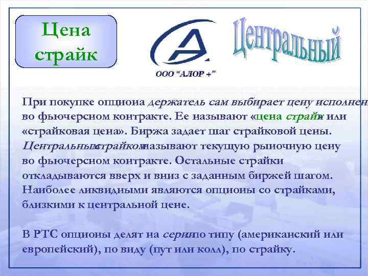 Цена страйк При покупке опциона держатель сам выбирает цену исполнени во фьючерсном контракте. Ее