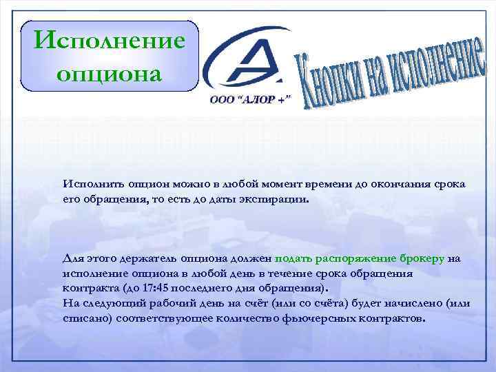 Исполнение опциона Исполнить опцион можно в любой момент времени до окончания срока его обращения,