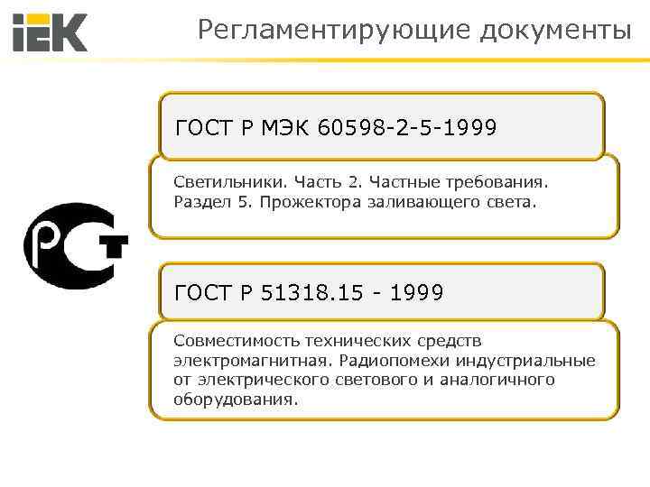 Регламентирующие документы ГОСТ Р МЭК 60598 -2 -5 -1999 Светильники. Часть 2. Частные требования.