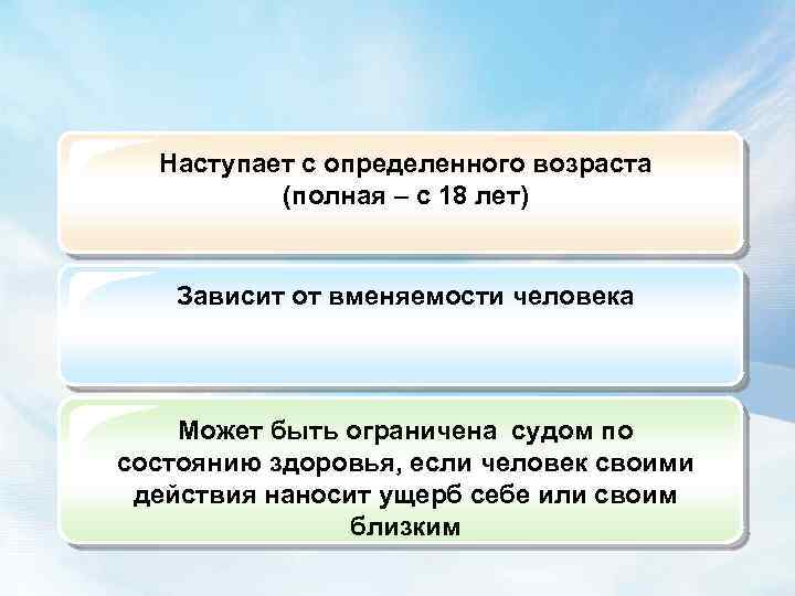 Наступает с определенного возраста (полная – с 18 лет) Зависит от вменяемости человека Может