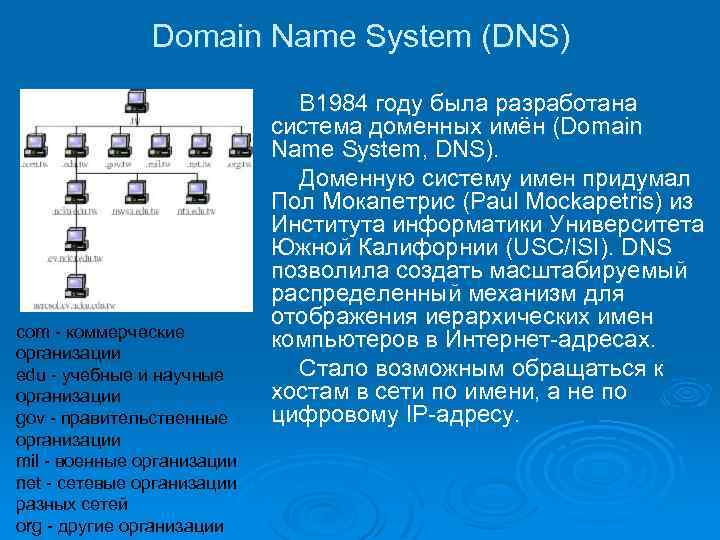Domain Name System (DNS) com - коммерческие com организации edu - учебные и научные