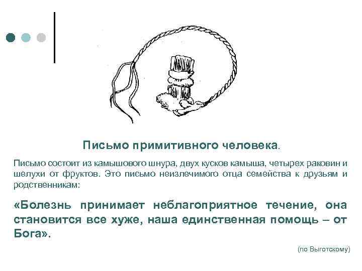 Письмо примитивного человека. Письмо состоит из камышового шнура, двух кусков камыша, четырех раковин и
