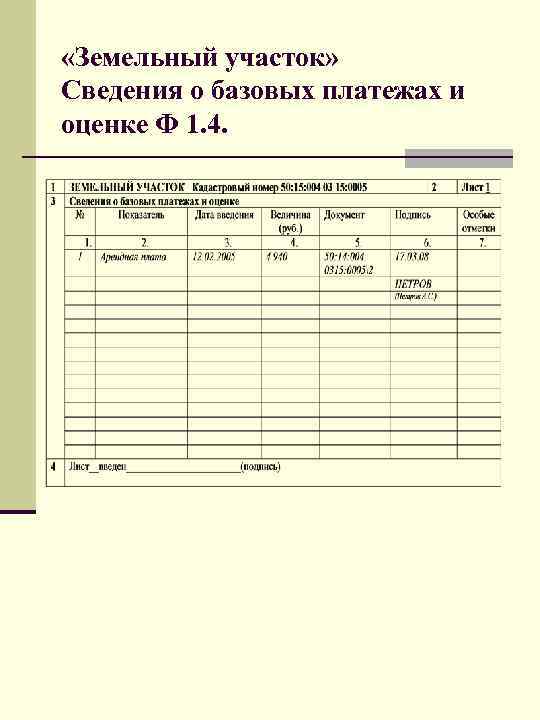  «Земельный участок» Сведения о базовых платежах и оценке Ф 1. 4. 