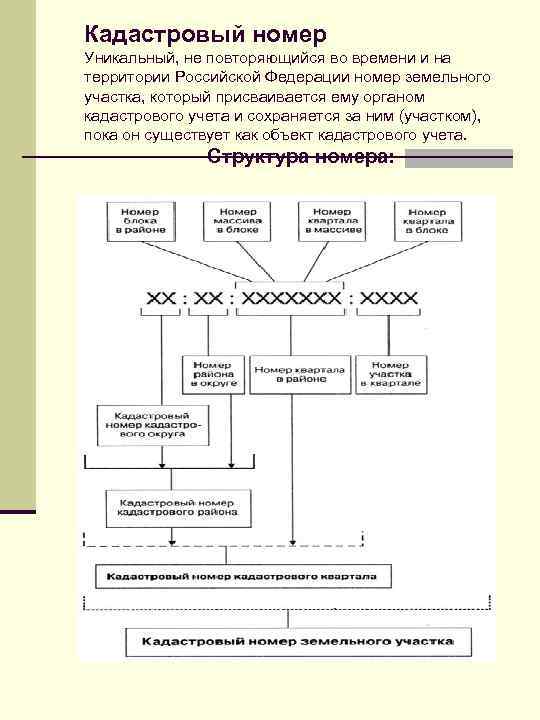 Кадастровый номер Уникальный, не повторяющийся во времени и на территории Российской Федерации номер земельного