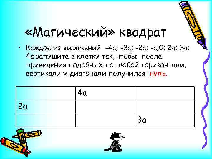  «Магический» квадрат • Каждое из выражений -4 а; -3 а; -2 а; -а;
