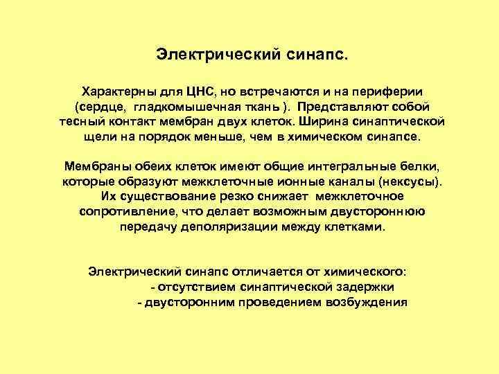 Электрический синапс. Характерны для ЦНС, но встречаются и на периферии (сердце, гладкомышечная ткань ).