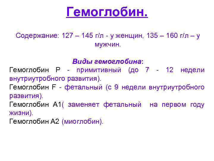 Гемоглобин. Содержание: 127 – 145 г/л - у женщин, 135 – 160 г/л –