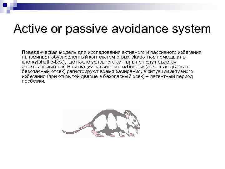 Active or passive avoidance system Поведенческая модель для исследования активного и пассивного избегания напоминает