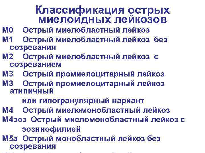 Классификация острых миелоидных лейкозов М 0 Острый миелобластный лейкоз М 1 Острый миелобластный лейкоз