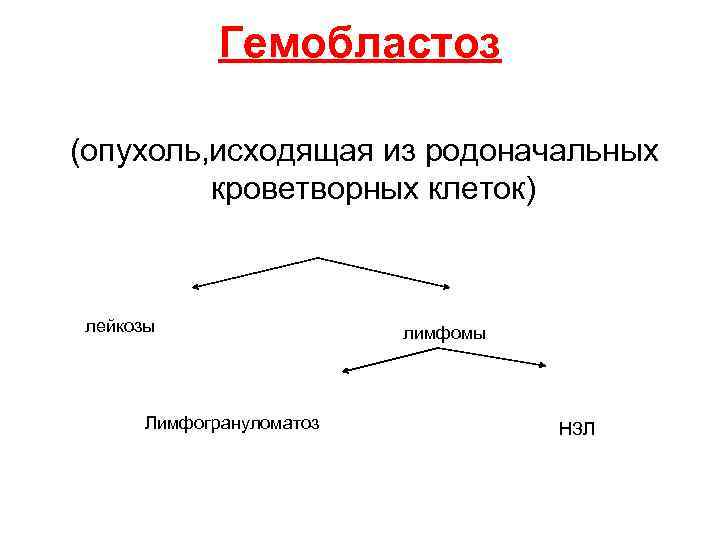 Гемобластоз (опухоль, исходящая из родоначальных кроветворных клеток) лейкозы Лимфогрануломатоз лимфомы НЗЛ 