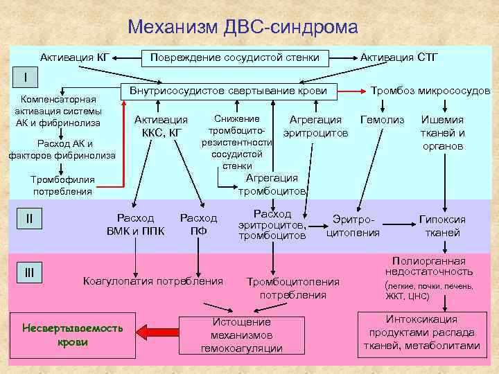 Механизм ДВС-синдрома Активация КГ Повреждение сосудистой стенки Активация СТГ I Внутрисосудистое свертывание крови Компенсаторная