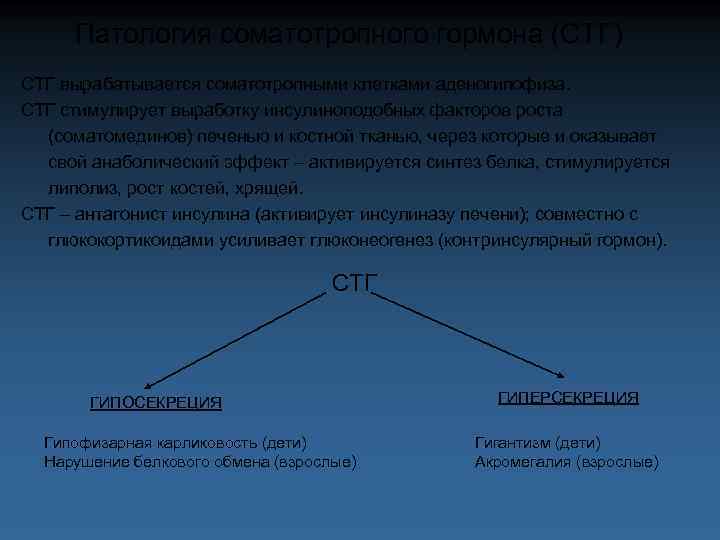 Патология соматотропного гормона (СТГ) СТГ вырабатывается соматотропными клетками аденогипофиза. СТГ стимулирует выработку инсулиноподобных факторов