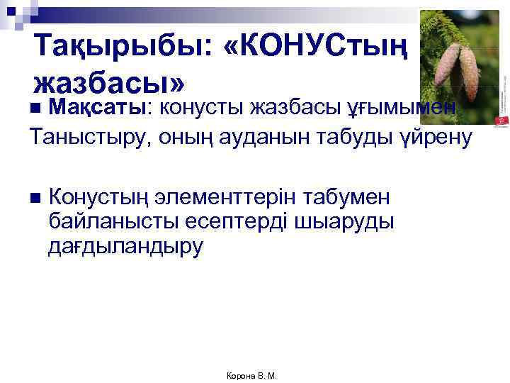 Тақырыбы: «КОНУСтың жазбасы» Мақсаты: конусты жазбасы ұғымымен Таныстыру, оның ауданын табуды үйрену n n