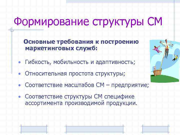 Формирование структуры СМ Основные требования к построению маркетинговых служб: • Гибкость, мобильность и адаптивность;