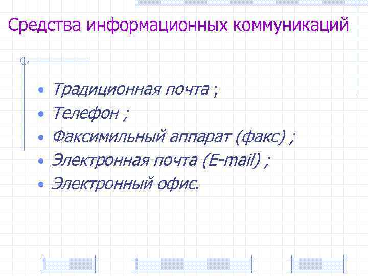 Средства информационных коммуникаций • Традиционная почта ; • Телефон ; • Факсимильный аппарат (факс)