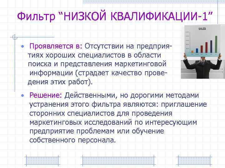 Фильтр “НИЗКОЙ КВАЛИФИКАЦИИ-1” • Проявляется в: Отсутствии на предприя- тиях хороших специалистов в области