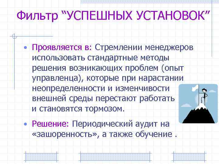 Фильтр “УСПЕШНЫХ УСТАНОВОК” • Проявляется в: Стремлении менеджеров использовать стандартные методы решения возникающих проблем