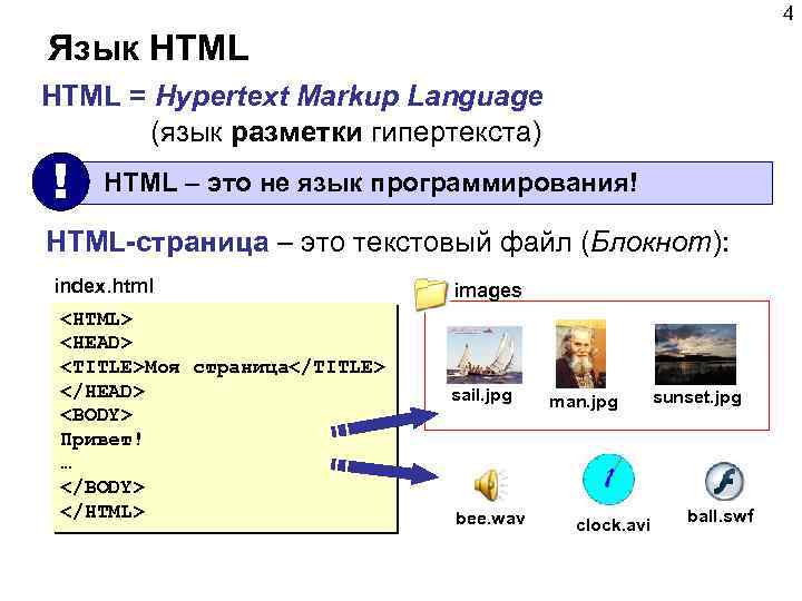 4 Язык HTML = Hypertext Markup Language (язык разметки гипертекста) ! HTML – это