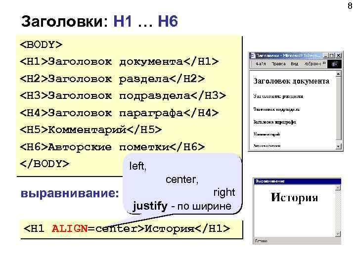 8 Заголовки: H 1 … H 6 <BODY> <H 1>Заголовок документа</H 1> <H 2>Заголовок