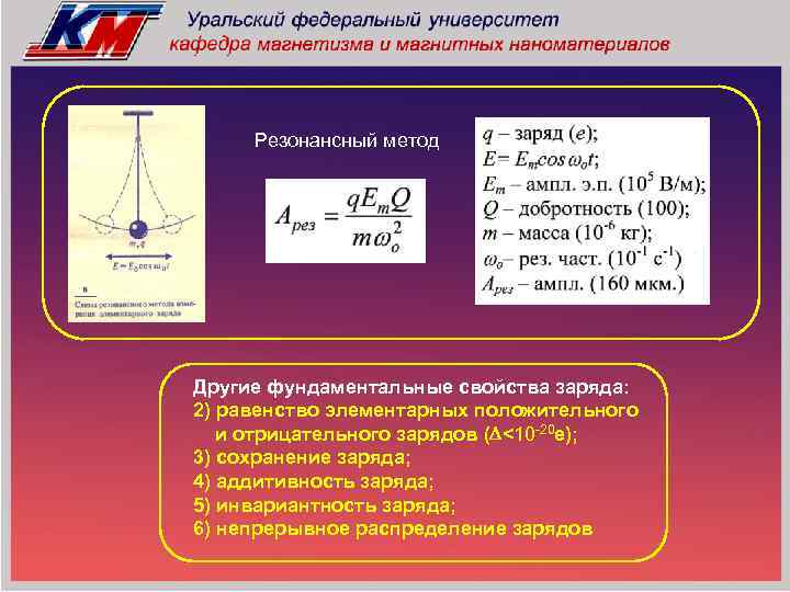 Резонансный метод Другие фундаментальные свойства заряда: 2) равенство элементарных положительного и отрицательного зарядов (