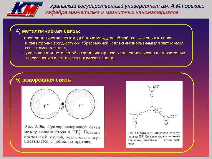 4) металлическая связь: - электростатическое взаимодействие между решёткой положительных ионов и «электронной жидкостью» ,