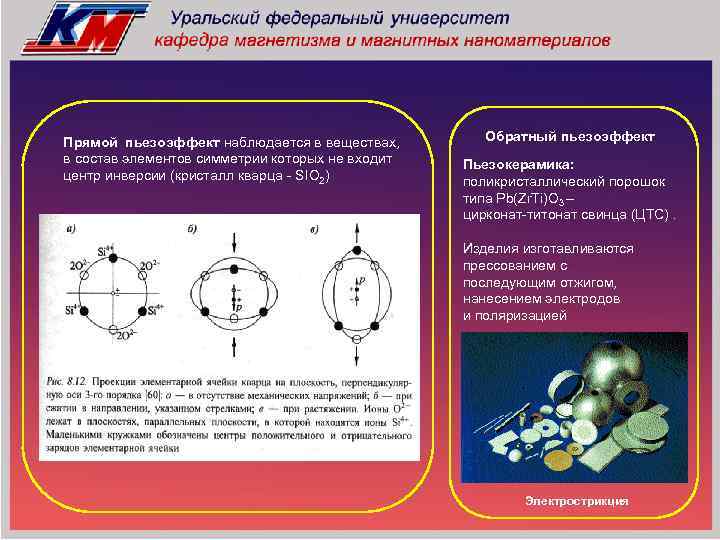 Прямой пьезоэффект наблюдается в веществах, в состав элементов симметрии которых не входит центр инверсии