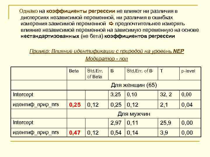 Однако на коэффициенты регрессии не влияют ни различия в дисперсиях независимой переменной, ни различия