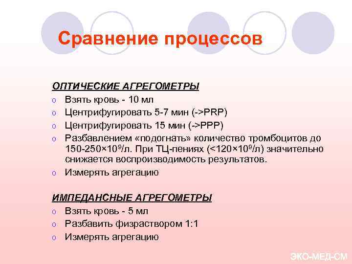 Сравнение процессов ОПТИЧЕСКИЕ АГРЕГОМЕТРЫ o Взять кровь - 10 мл o Центрифугировать 5 -7