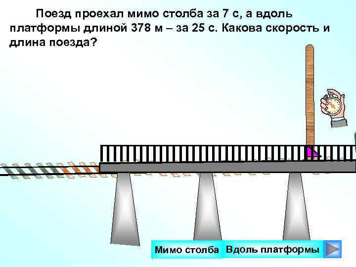 Поезд проехал мимо столба за 7 с, а вдоль платформы длиной 378 м –