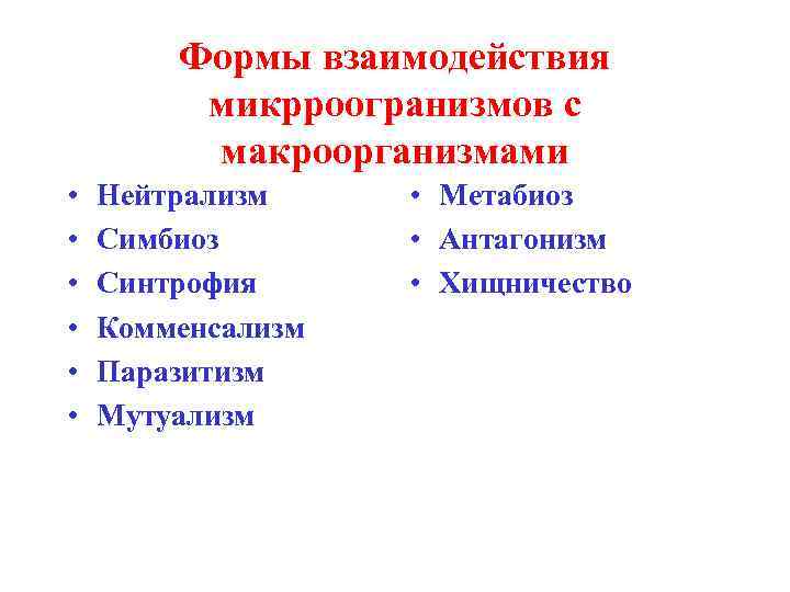 Формы взаимодействия микрроогранизмов с макроорганизмами • • • Нейтрализм Симбиоз Синтрофия Комменсализм Паразитизм Мутуализм