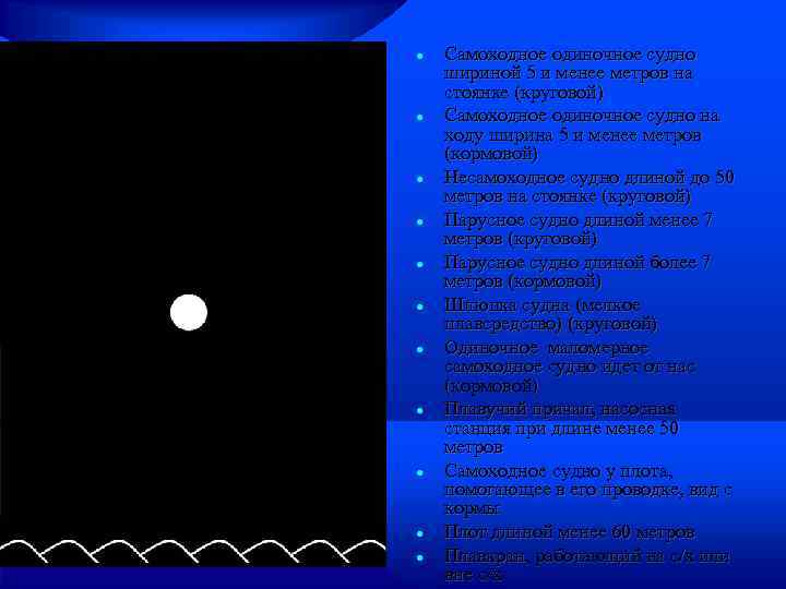  Самоходное одиночное судно шириной 5 и менее метров на стоянке (круговой) Самоходное одиночное