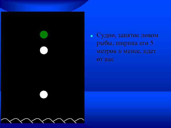  Судно, занятое ловом рыбы, ширина его 5 метров и менее, идет от нас