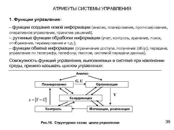 АТРИБУТЫ СИСТЕМЫ УПРАВЛЕНИЯ 1. Функции управления: – функции создание новой информации (анализ, планирование, прогнозирование,