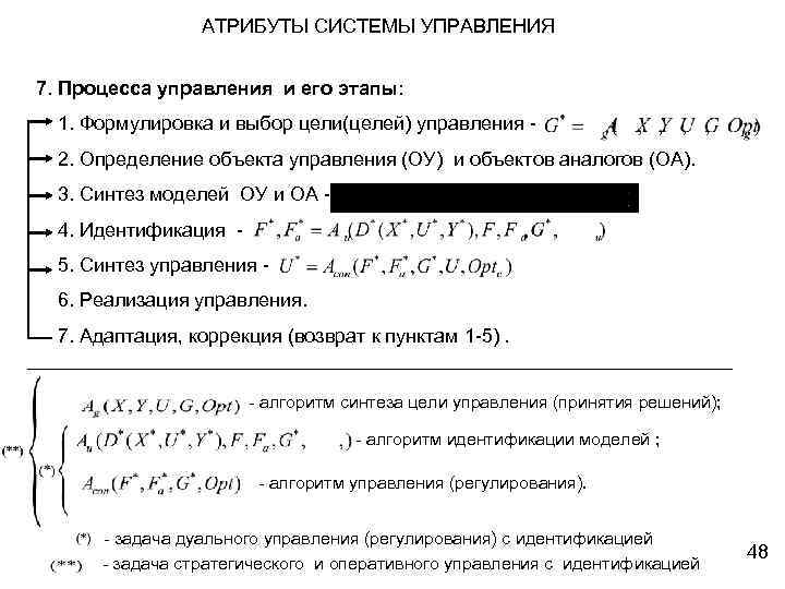 АТРИБУТЫ СИСТЕМЫ УПРАВЛЕНИЯ 7. Процесса управления и его этапы: 1. Формулировка и выбор цели(целей)