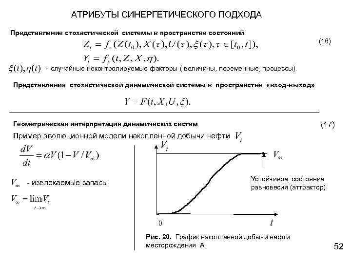 АТРИБУТЫ СИНЕРГЕТИЧЕСКОГО ПОДХОДА Представление стохастической системы в пространстве состояний (16) - случайные неконтролируемые факторы