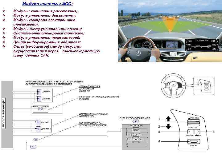 Модули системы АСС: v v v v Модуль считывания расстояния; Модуль управления двигателем; Модуль
