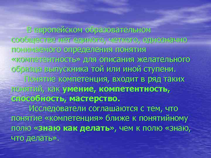 В европейском образовательном сообществе нет единого, четкого, однозначно понимаемого определения понятия «компетентность» для описания